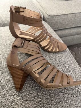 New Nine West Taupe Leather Caged Gladiator Strappy Block Heel Sandal Size 8.5
